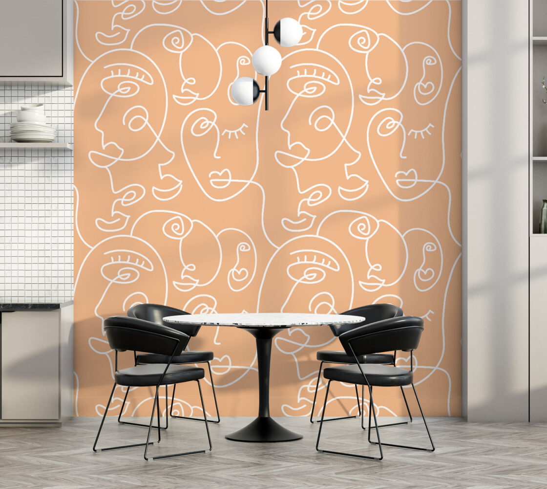 Peach Line Portraits Wallpaper : White One Line Faces Pattern - View 3
