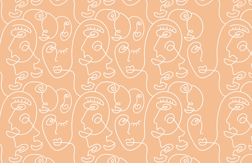 Peach Line Portraits Wallpaper : White One Line Faces Pattern - flat design