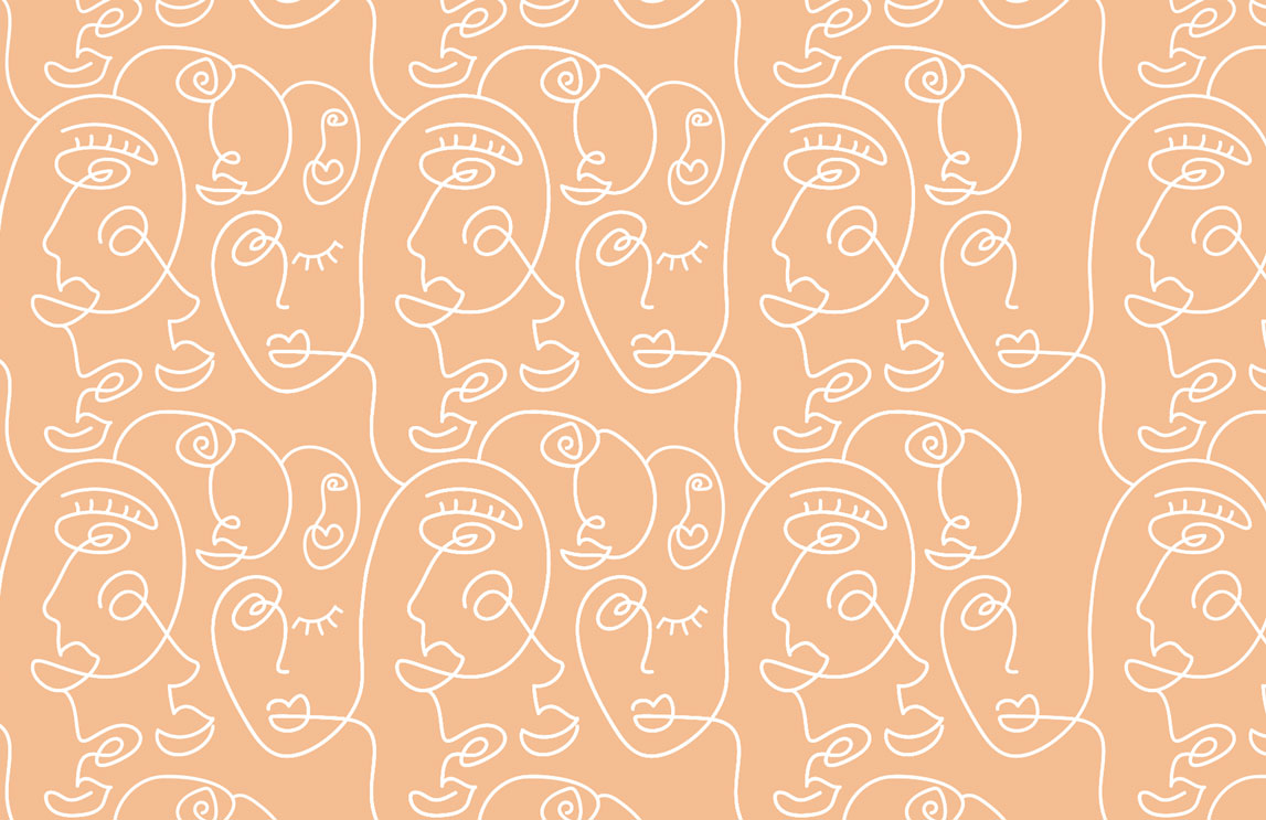Peach Line Portraits Wallpaper : White One Line Faces Pattern - flat design