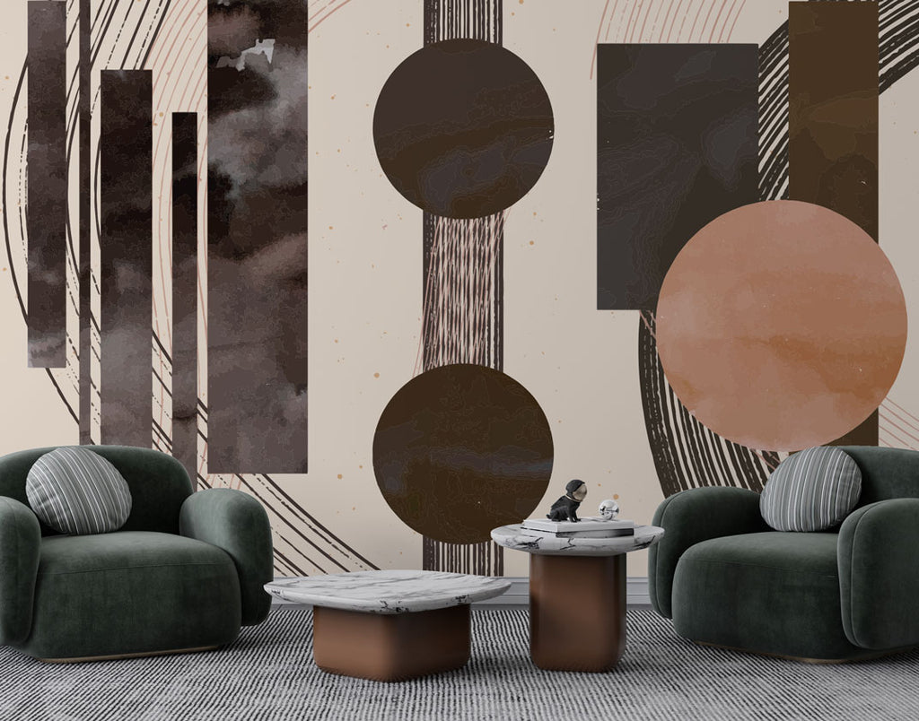 Brown Distressed Geometric Wallpaper : Copper Circles and Bars Mural - View 2