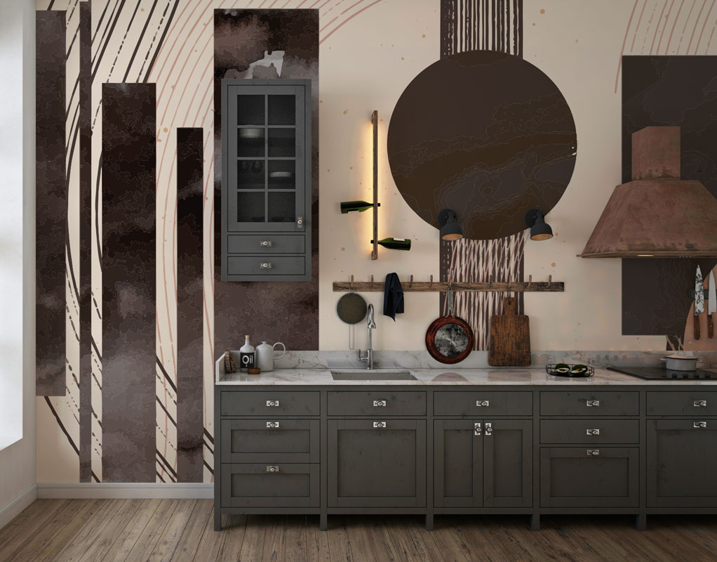 Brown Distressed Geometric Wallpaper : Copper Circles and Bars Mural