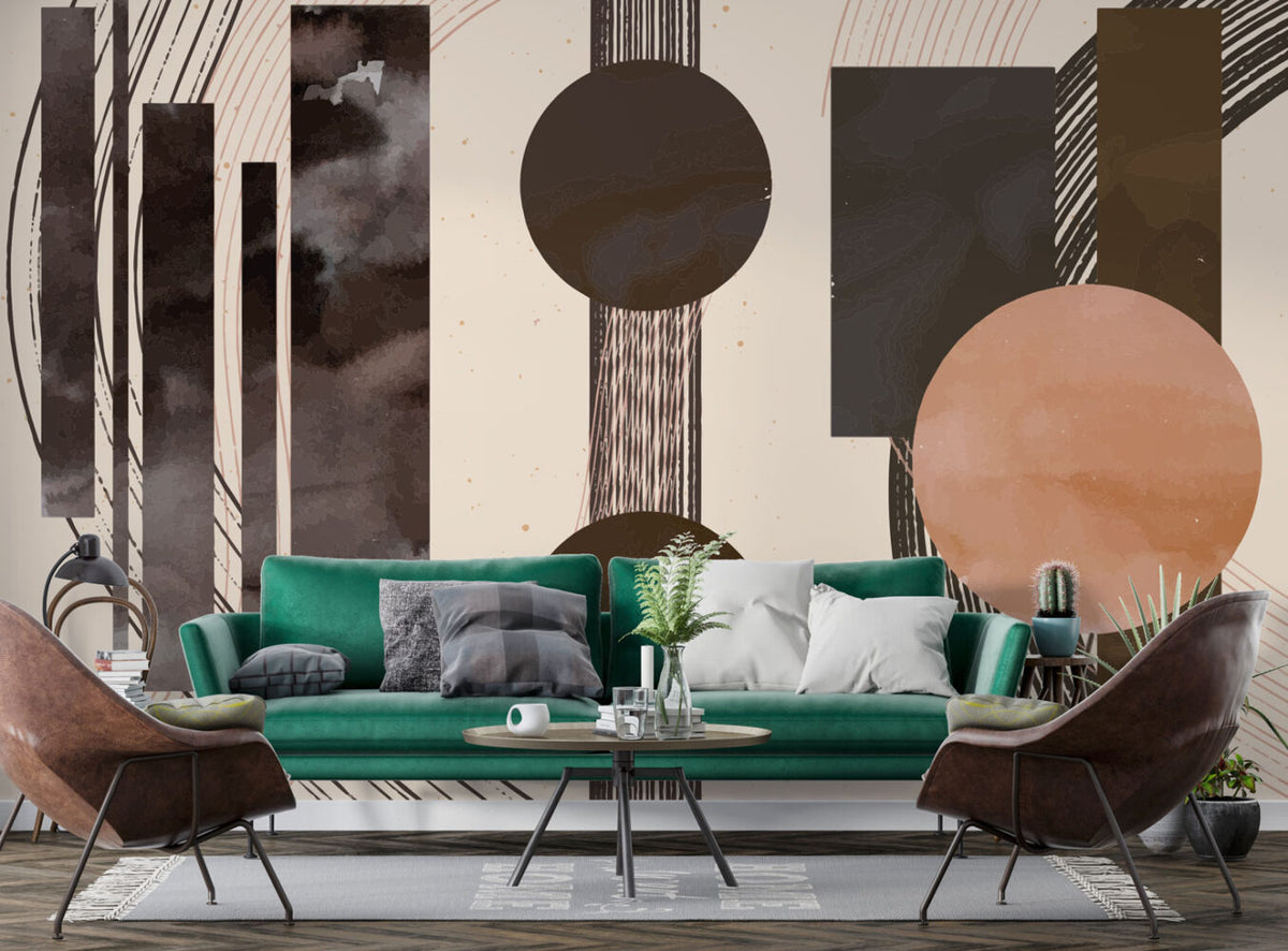 Brown Distressed Geometric Wallpaper : Copper Circles and Bars Mural - View 3