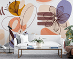 Abstract Line Flowers Wallpaper : Peach and Lilac Shapes Mural - View 2