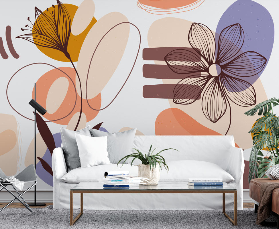 Abstract Line Flowers Wallpaper : Peach and Lilac Shapes Mural - View 2