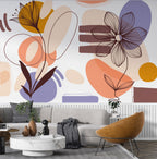 Abstract Line Flowers Wallpaper : Peach and Lilac Shapes Mural