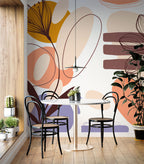 Abstract Line Flowers Wallpaper : Peach and Lilac Shapes Mural - View 3