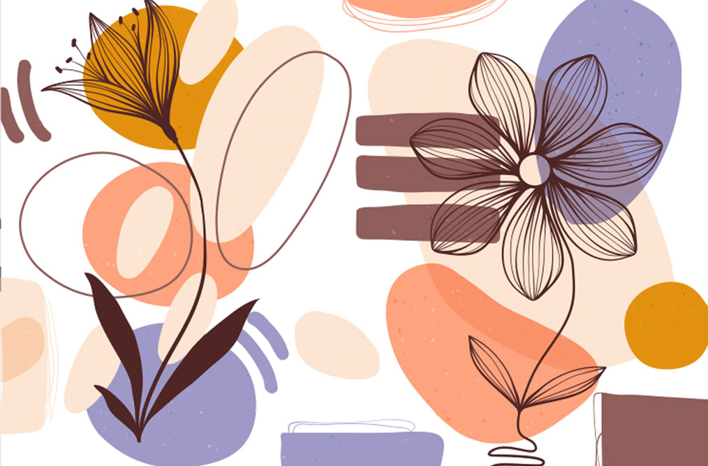 Abstract Line Flowers Wallpaper : Peach and Lilac Shapes Mural - flat design