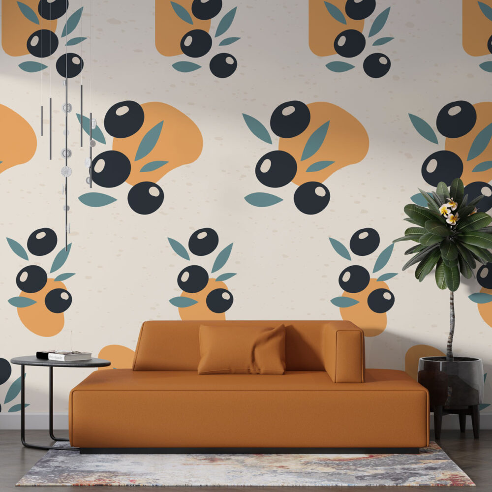 Olive Branch Wallpaper : Black Olives and Orange Pattern - View 2