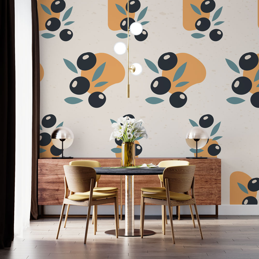 Olive Branch Wallpaper : Black Olives and Orange Pattern - View 3
