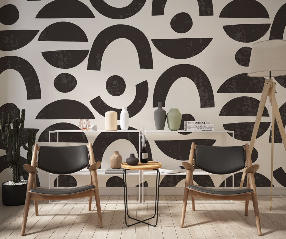 Black Mid-Century Shapes Wallpaper : Arches and Half Moons Pattern - View 2