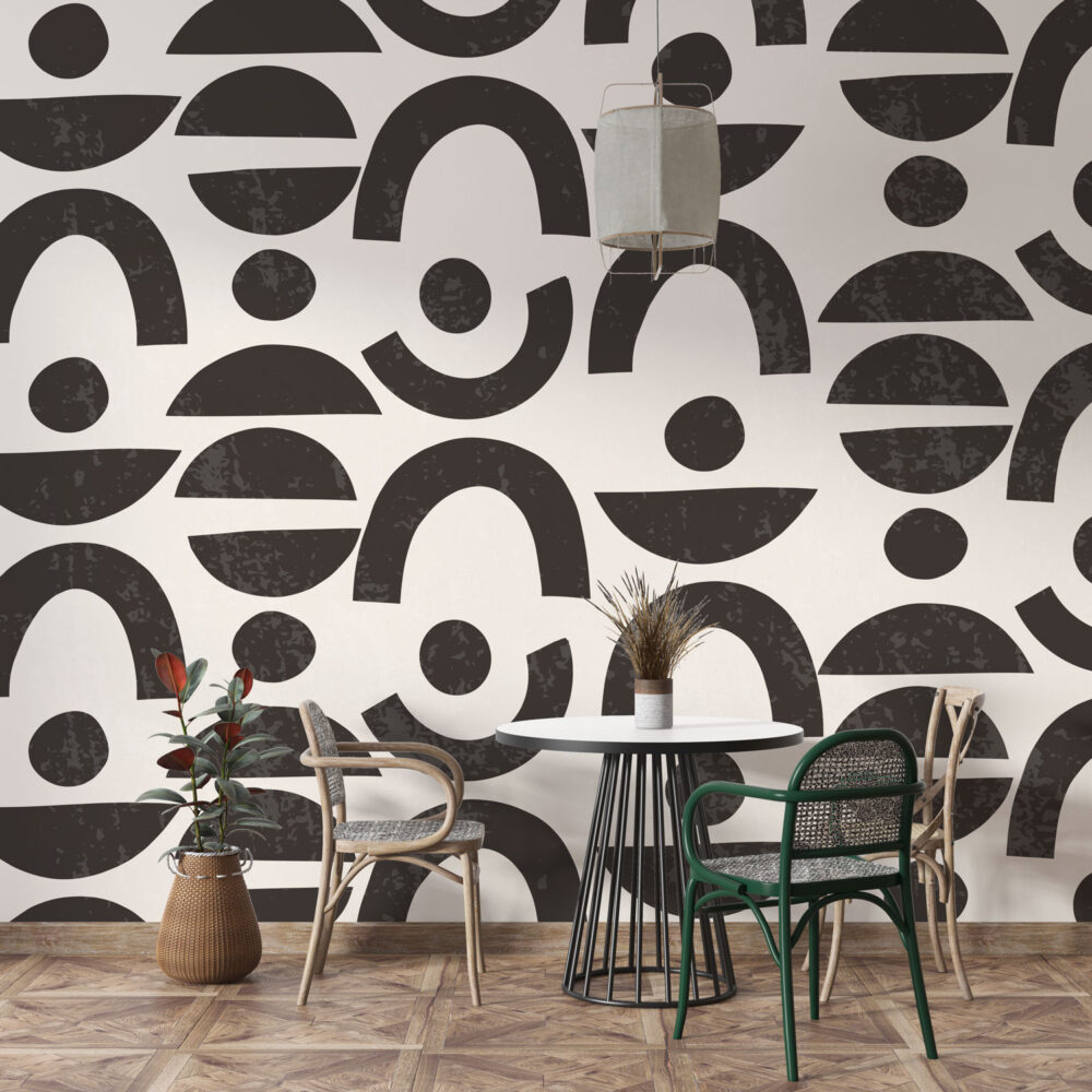 Black Mid-Century Shapes Wallpaper : Arches and Half Moons Pattern - View 3