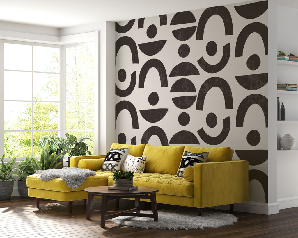 Black Mid-Century Shapes Wallpaper : Arches and Half Moons Pattern