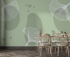 Sage Ginkgo Wallpaper : Line Art Ginkgo Leaves Mural