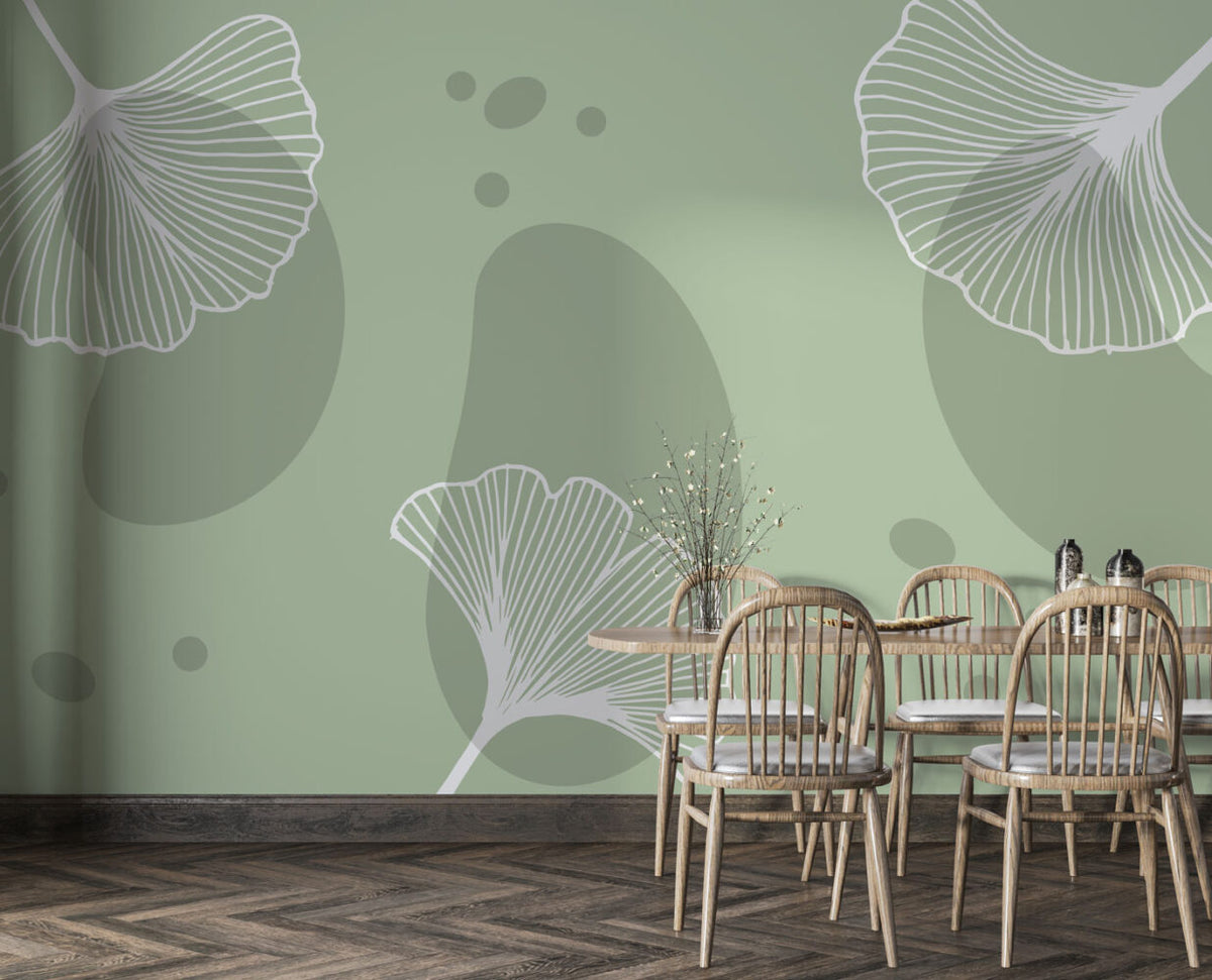 Sage Ginkgo Wallpaper : Line Art Ginkgo Leaves Mural