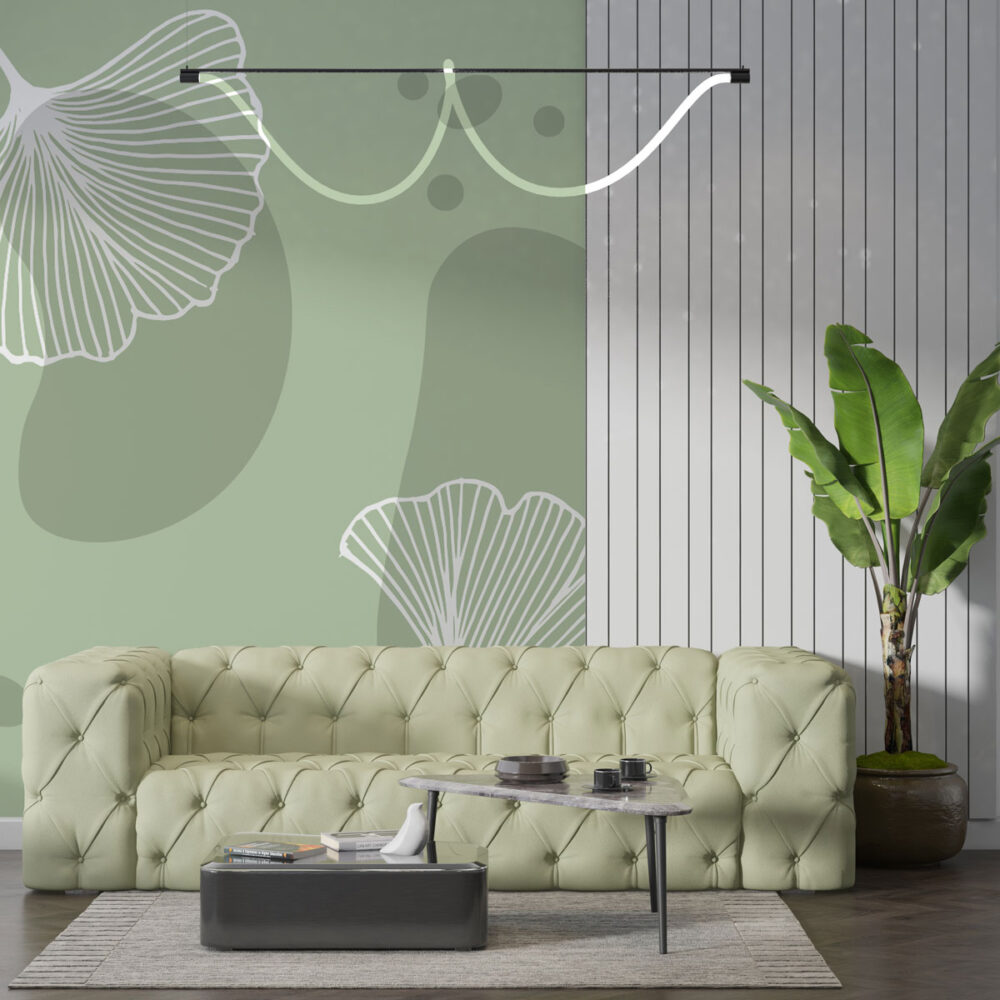 Sage Ginkgo Wallpaper : Line Art Ginkgo Leaves Mural - View 2