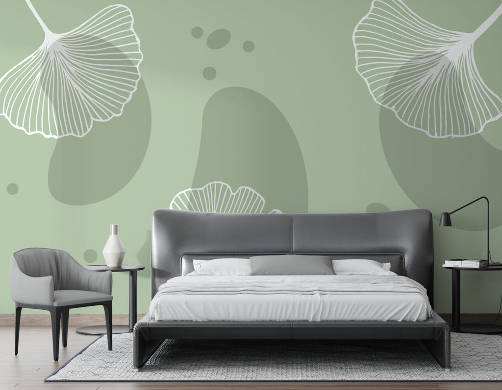 Sage Ginkgo Wallpaper : Line Art Ginkgo Leaves Mural - View 3