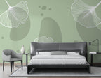 Sage Ginkgo Wallpaper : Line Art Ginkgo Leaves Mural - View 3