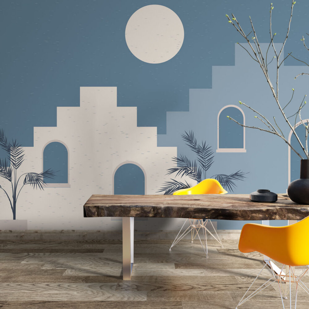 Mediterranean Arches Wallpaper : Blue Sky and Palms Mural - View 3