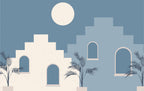 Mediterranean Arches Wallpaper : Blue Sky and Palms Mural - flat design