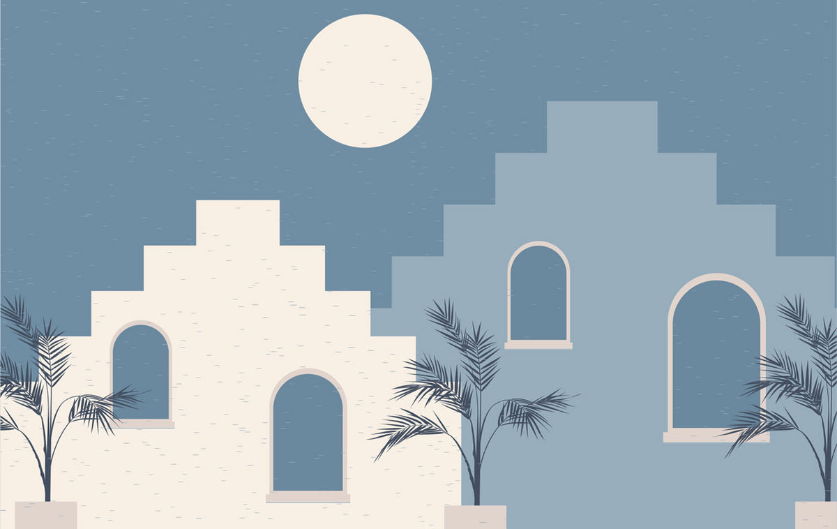 Mediterranean Arches Wallpaper : Blue Sky and Palms Mural - flat design