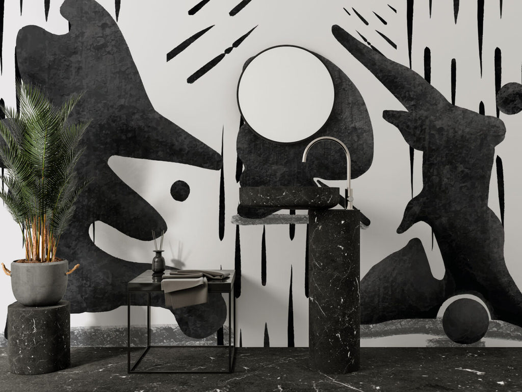 Black Abstract Figures Wallpaper : Textured Silhouettes Mural