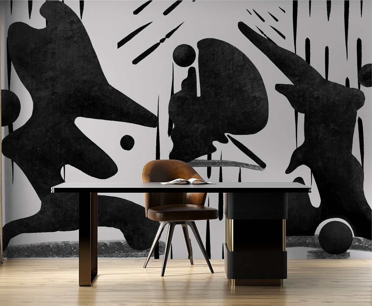 Black Abstract Figures Wallpaper : Textured Silhouettes Mural - View 2