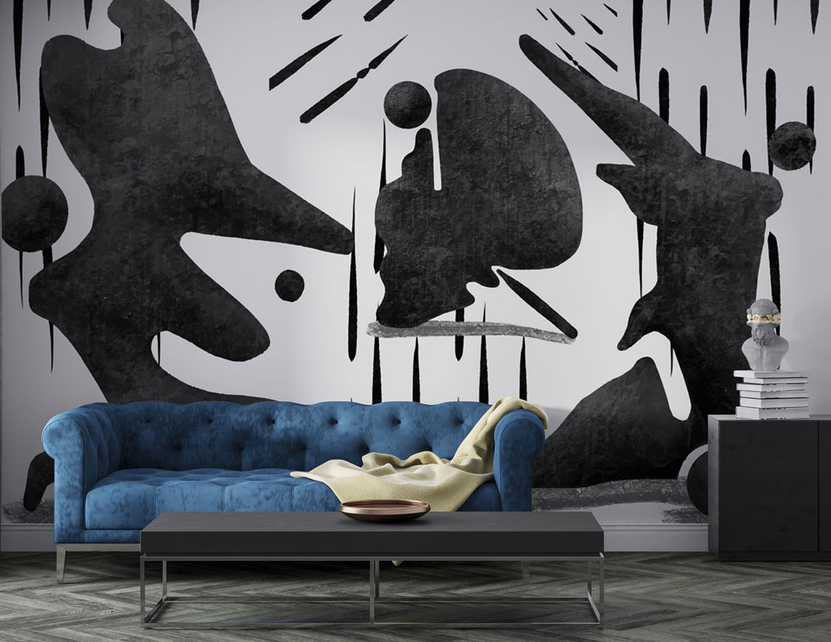 Black Abstract Figures Wallpaper : Textured Silhouettes Mural - View 3