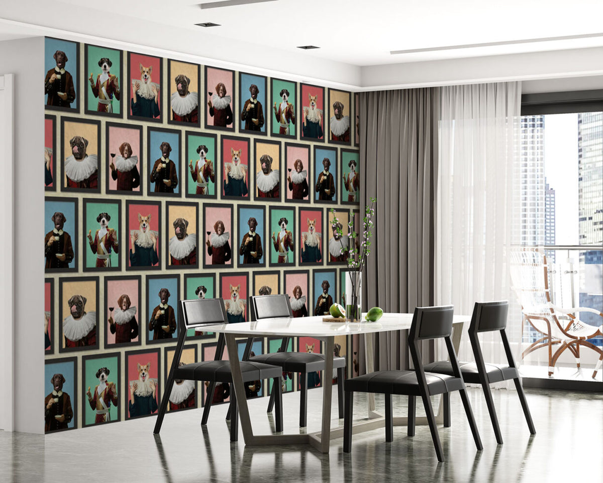 Dog Portrait Gallery Wallpaper : Vintage Dressed Dogs Mural - View 3