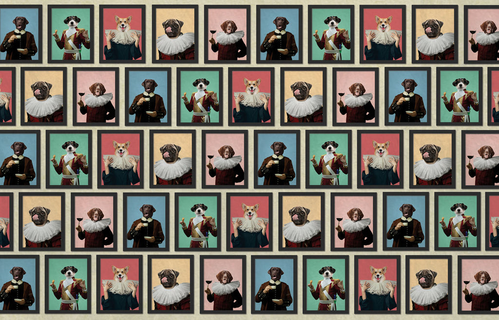 Dog Portrait Gallery Wallpaper : Vintage Dressed Dogs Mural - flat design