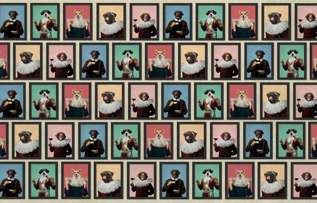 Dog Portrait Gallery Wallpaper : Vintage Dressed Dogs Mural - flat design