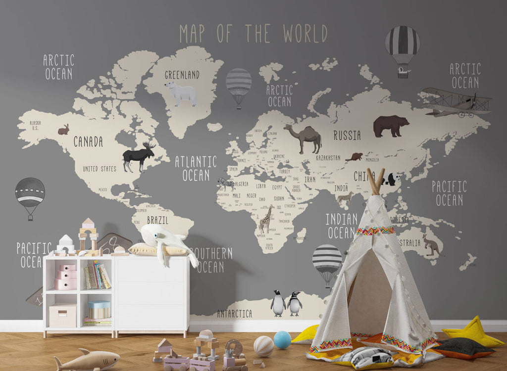 Grey Animal World Map Wallpaper : Kids Wildlife Atlas Mural - View 3