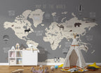 Grey Animal World Map Wallpaper : Kids Wildlife Atlas Mural - View 3