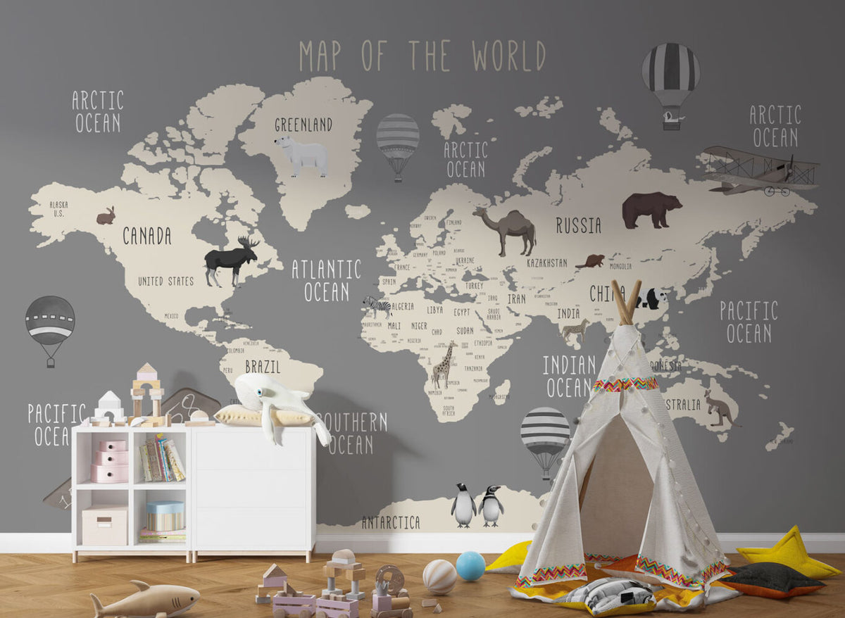 Grey Animal World Map Wallpaper : Kids Wildlife Atlas Mural - View 3