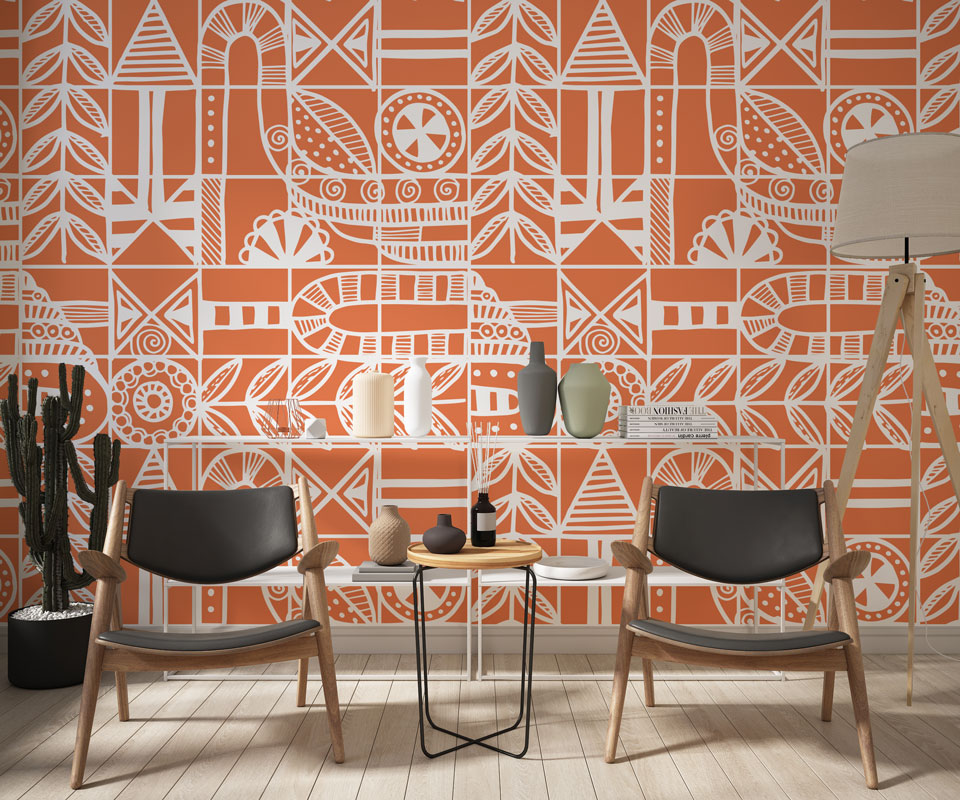Orange Boho Pattern Wallpaper : Folk Geometric Tile Mural - View 3