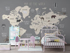 Grey Animal World Map Wallpaper : Kids Wildlife Atlas Mural - View 4