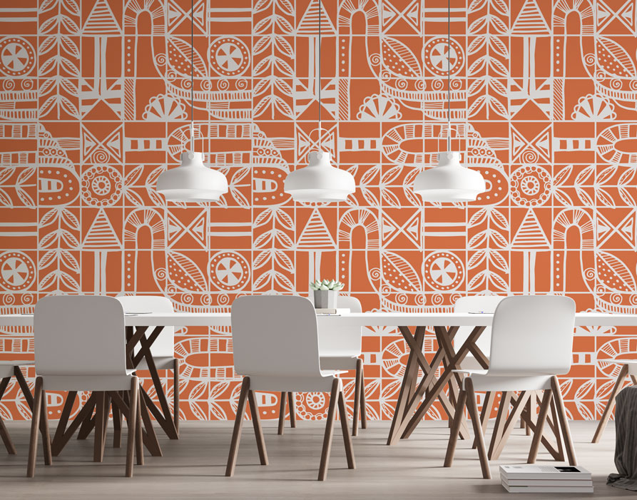 Orange Boho Pattern Wallpaper : Folk Geometric Tile Mural - View 4