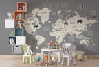 Grey Animal World Map Wallpaper : Kids Wildlife Atlas Mural