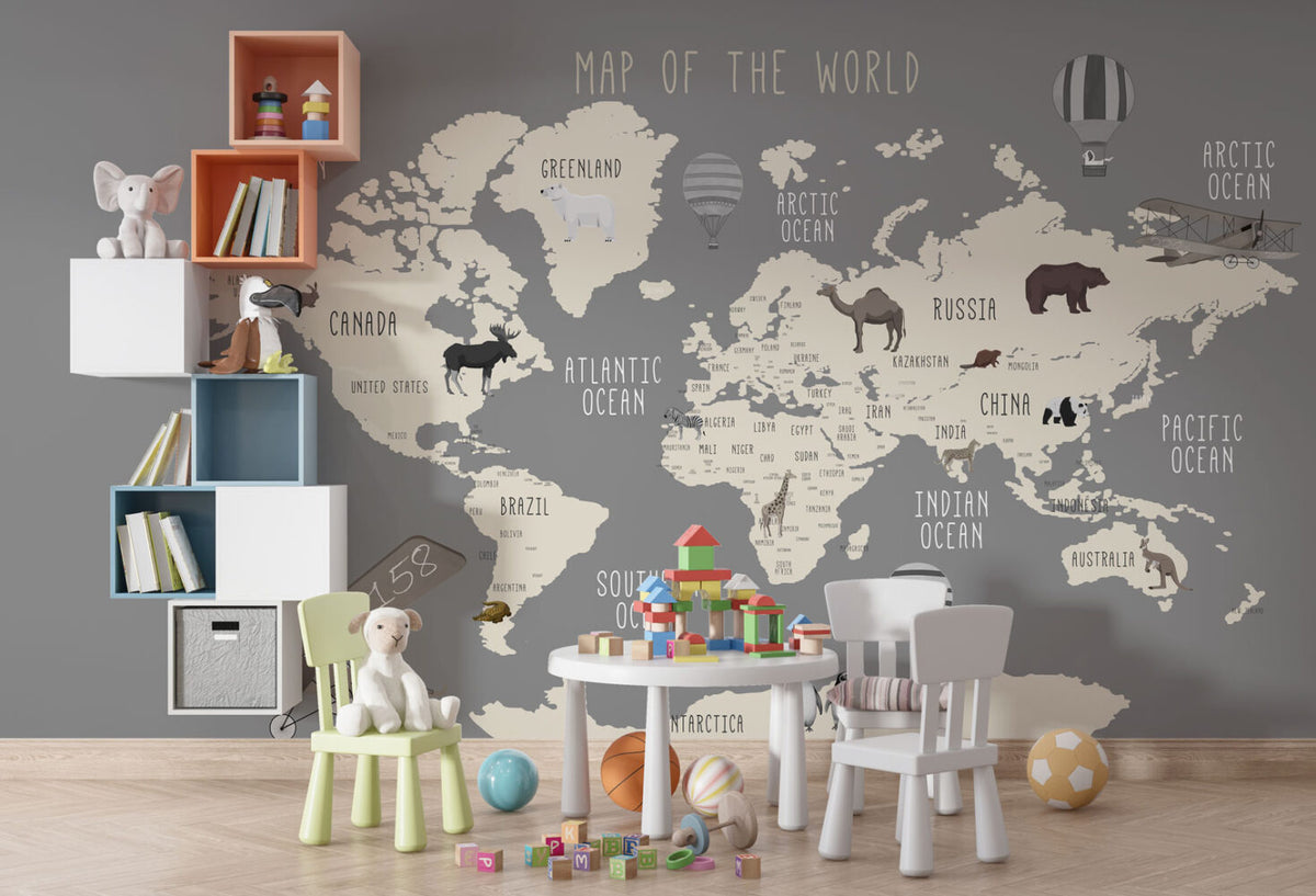 Grey Animal World Map Wallpaper : Kids Wildlife Atlas Mural