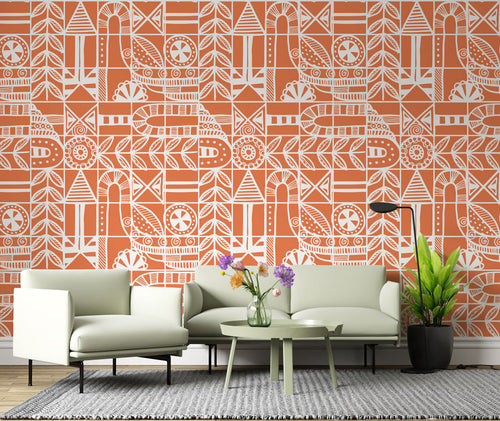 Orange Boho Pattern Wallpaper : Folk Geometric Tile Mural