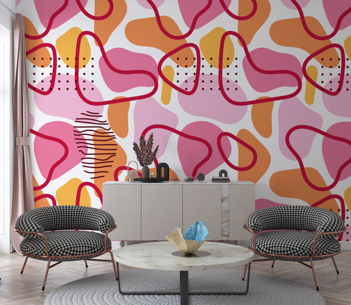 Pink Squiggle Wallpaper : Abstract Memphis Shapes Pattern - View 2