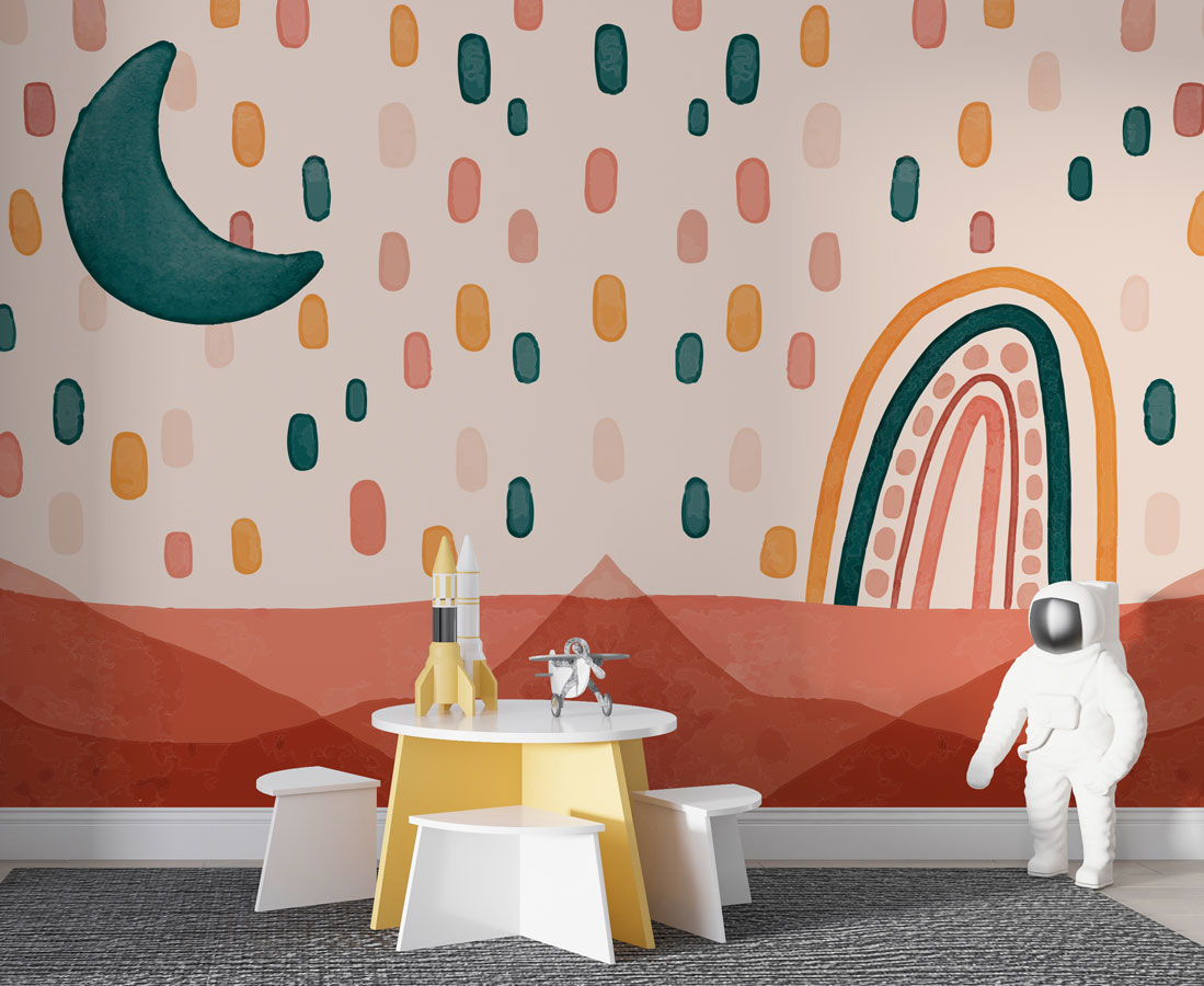 Boho Rainbow and Moon Wallpaper : Terracotta Dots Kids Mural - View 2