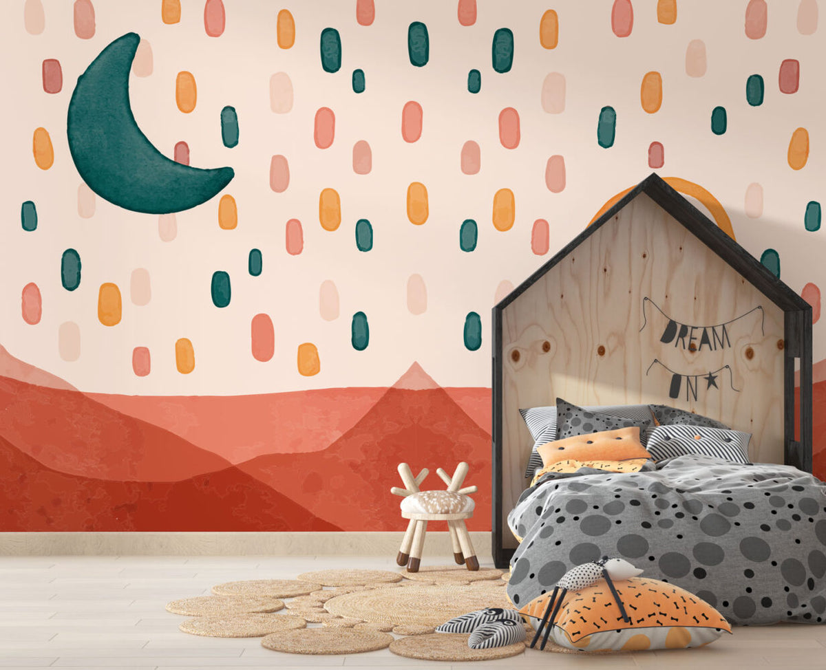 Boho Rainbow and Moon Wallpaper : Terracotta Dots Kids Mural - View 3