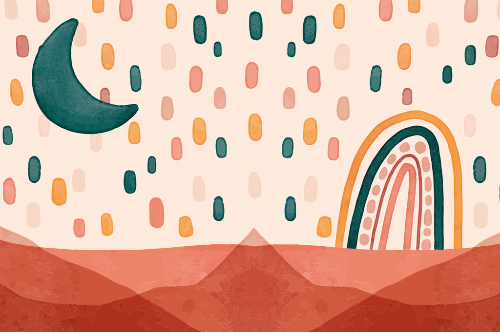 Boho Rainbow and Moon Wallpaper : Terracotta Dots Kids Mural - flat design
