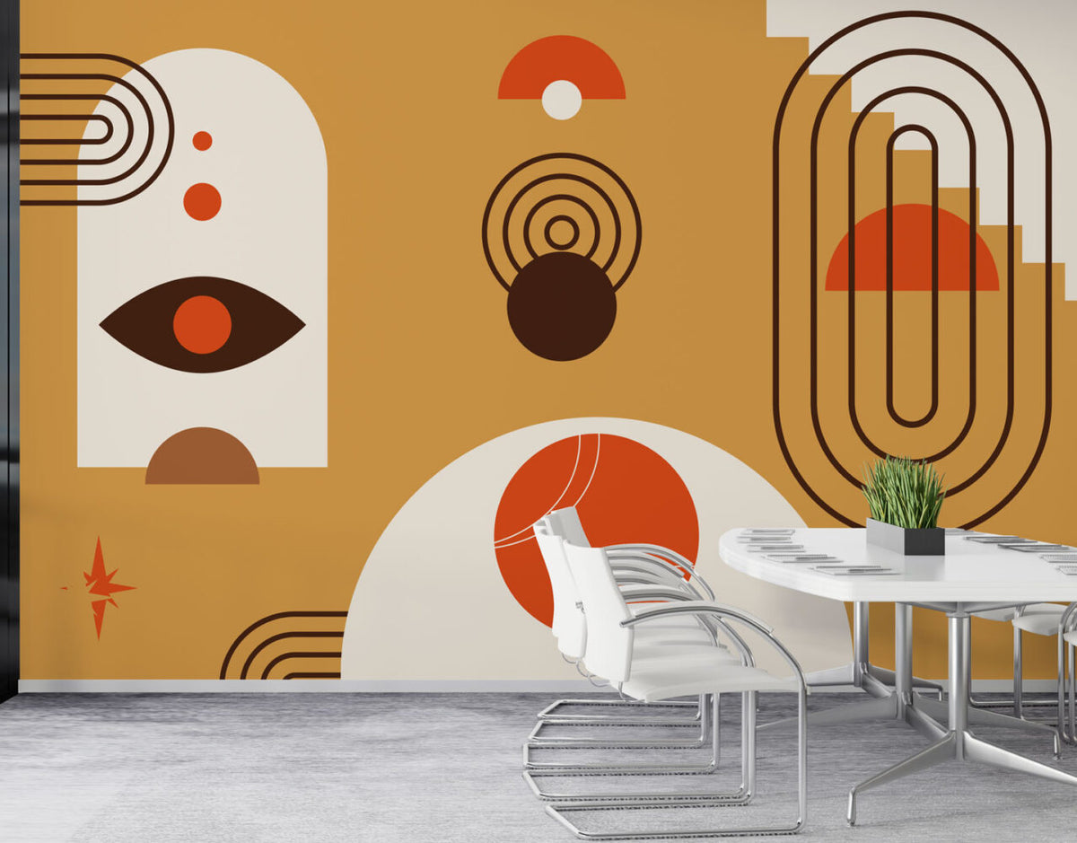 Mustard Boho Geometric Wallpaper : Eye and Arches Mural - View 2