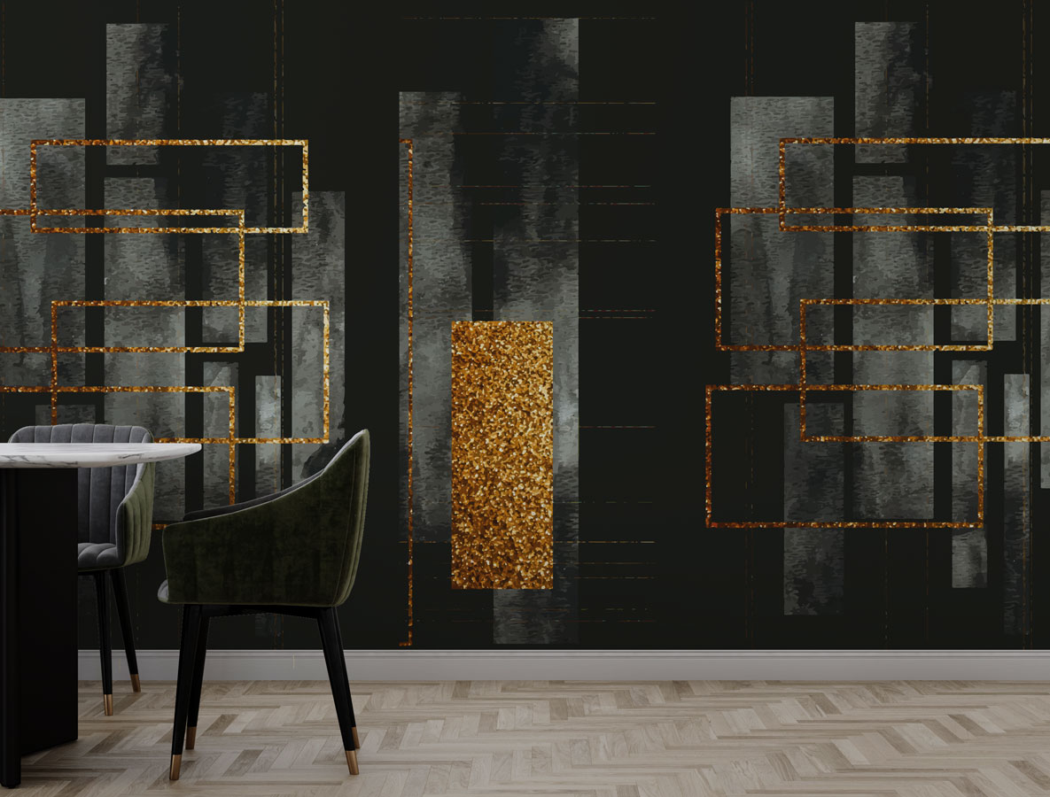 Dark Green Gold Geometric Wallpaper : Glitter Panels Mural - View 3