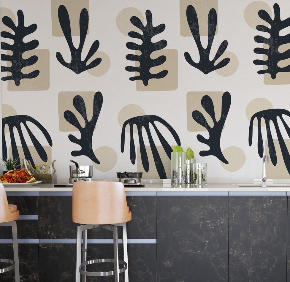 Navy Cutout Leaves Wallpaper : Matisse Style Botanical Pattern