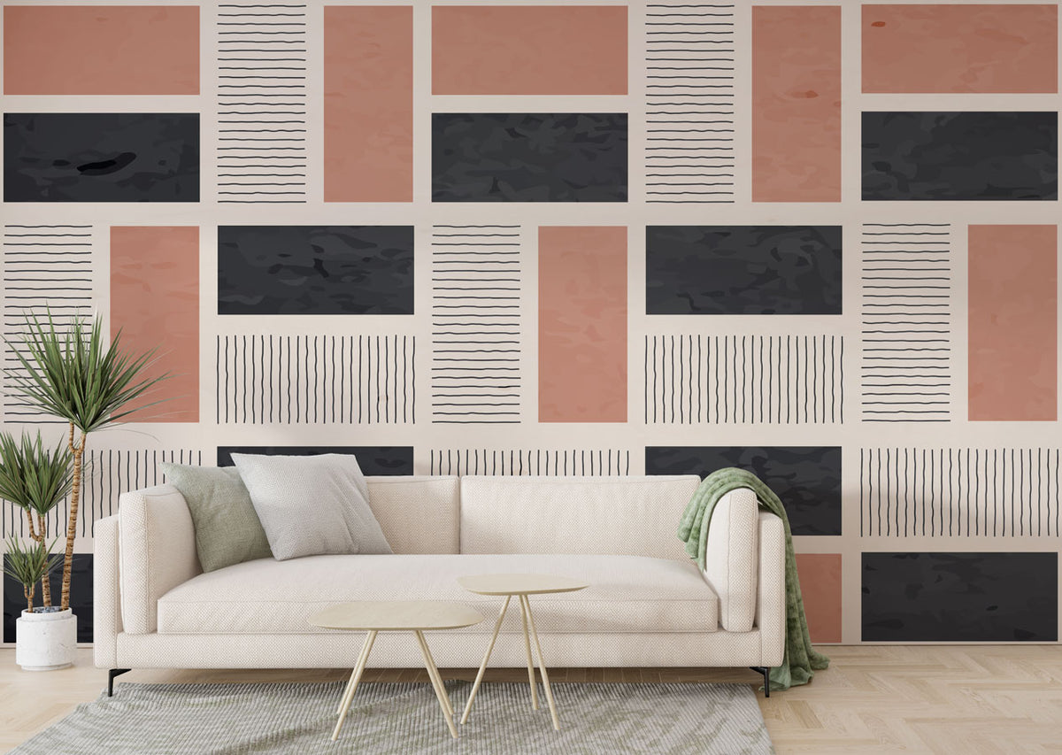 Blush and Black Blocks Wallpaper : Line Grid Geometric Mural - View 2