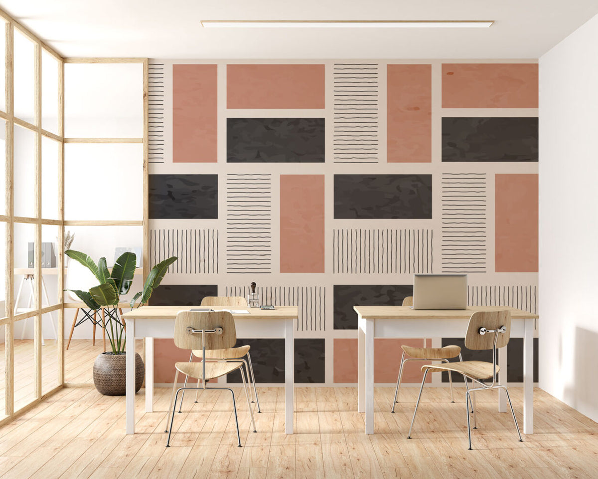 Blush and Black Blocks Wallpaper : Line Grid Geometric Mural - View 3