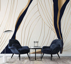 Gold Line Abstract Wallpaper : Navy and Ivory Flow Mural