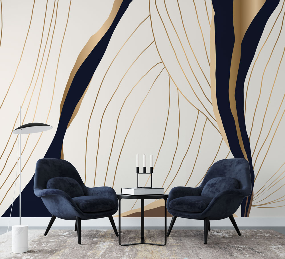 Gold Line Abstract Wallpaper : Navy and Ivory Flow Mural